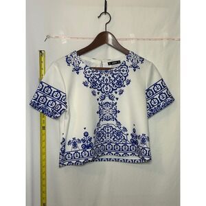SHEIN White Blue Floral Print Cropped Short Sleeve Top Women Size M
